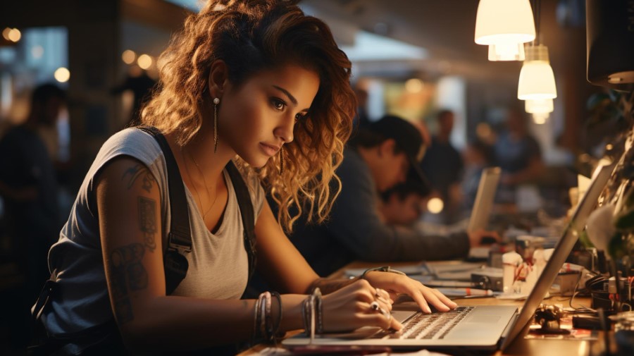 linda mulher jovem fazendo curso de copywriting em frente a um laptop