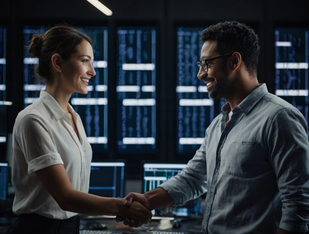 Duas pessoas apertando as mãos em frente a computadores, simbolizando a construção de relacionamentos e parcerias no mundo digital.