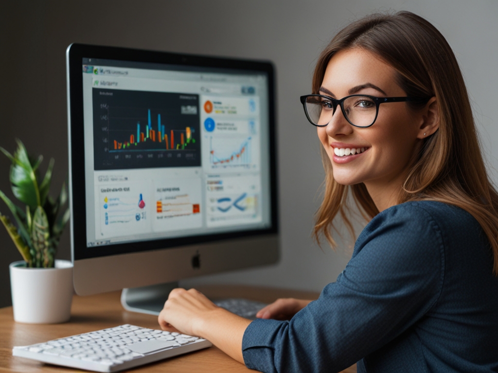 Uma pessoa sentada em frente a um computador, com um sorriso no rosto e polegar para cima, ao lado de um gráfico mostrando o crescimento do tráfego de um blog.