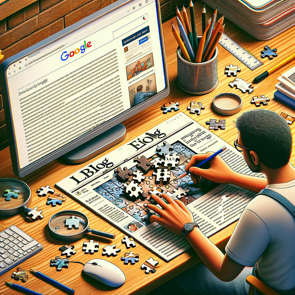 pessoa resolvendo um quebra-cabeça que é uma impressão de um artigo de blog, mesa de trabalho, computador mostrando resultados de pesquisa do Google