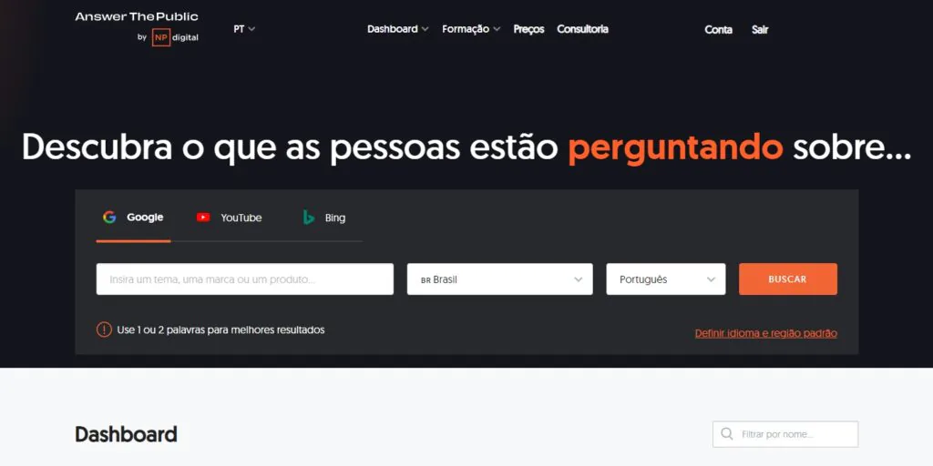 SEO Para Iniciantes: 15 Passos Para Transformar Seu Site Em Uma Máquina de Tráfego 3 ferramenta SEO com pesquisa de palavras-chave answer the public neil patel descubra o que seu público está buscando