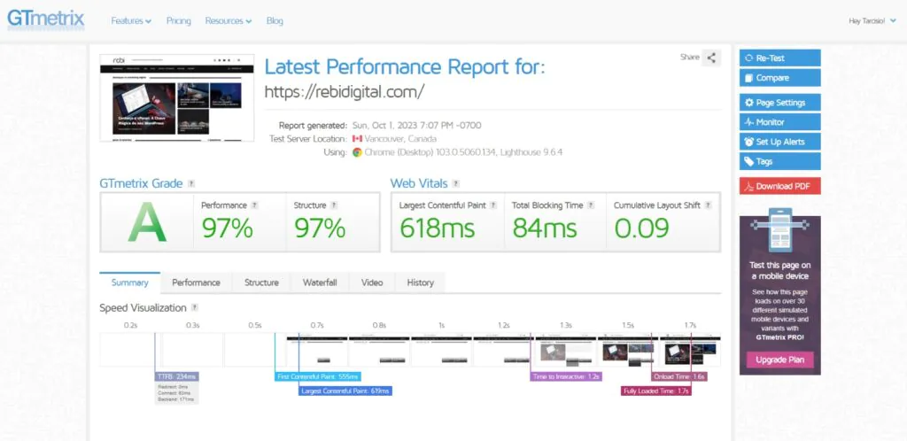 SEO Para Iniciantes: 15 Passos Para Transformar Seu Site Em Uma Máquina de Tráfego 7 gtmetrix rebi digital nota A performance velocidade SEO