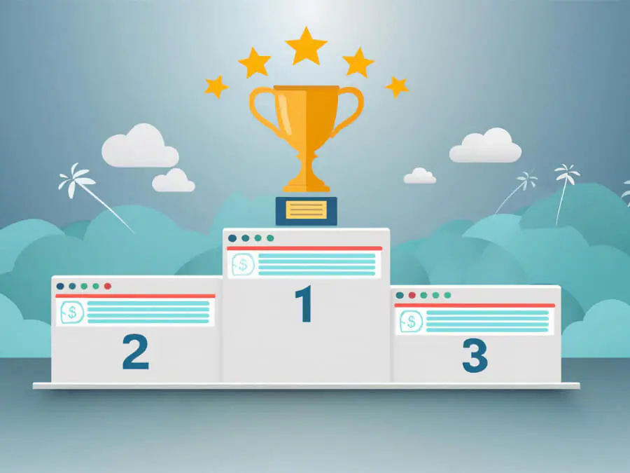 As 5 Métricas De SEO Que Você Precisa Acompanhar 4 Um pódio com três posições representando as primeiras colocações nos resultados de busca do Google com um website comemorando no topo