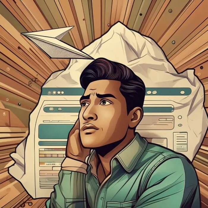 As 5 Métricas De SEO Que Você Precisa Acompanhar 2 Uma ilustração de uma pessoa abandonando um site frustrada, com a página do site se transformando em um avião de papel amassado